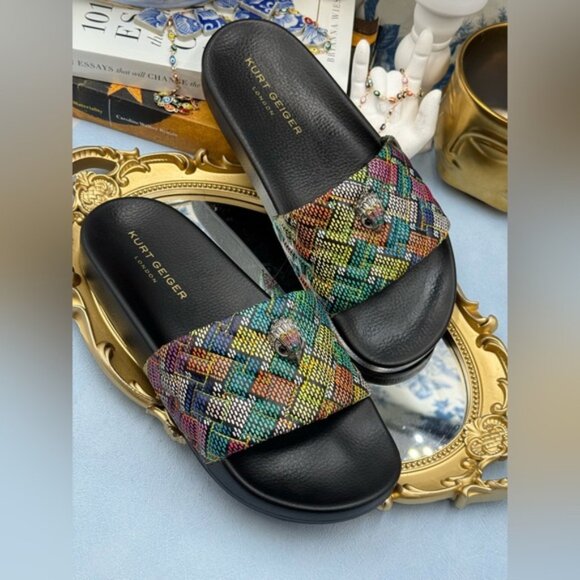 🆕 KURT GEIGER LONDON 🧿 NWOB Meena Eagle Slide, Black Rainbow Weave, Sz 40 US 9 - Picture 7 of 14